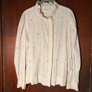 Mirth - Cream Ruffled Button Up with Embroidered Accents